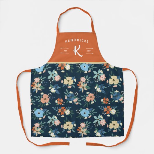 Monogramm der Coral & Blue Floral Pattern Schürze (Vorderseite)