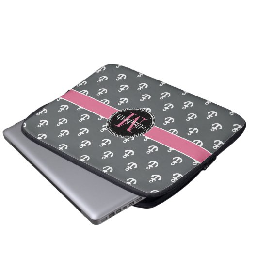 Monogramm der dunkelgrauen weißen rosa Anker Laptopschutzhülle (Vorne Knopf)