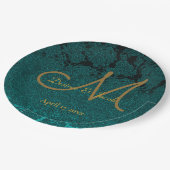 Monogramm der dunklen Aquamarinen Gold-Floral-Hoch Pappteller (Schrägansicht)