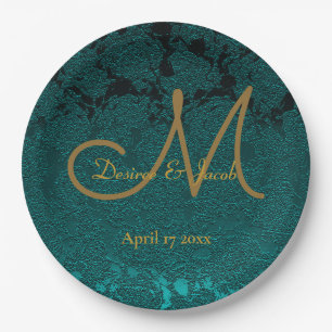 Monogramm der dunklen Aquamarinen Gold-Floral-Hoch Pappteller