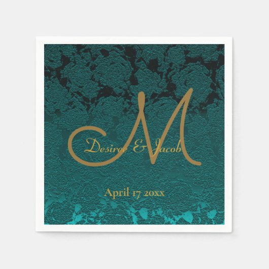 Monogramm der dunklen Aquamarinen Gold-Floral-Hoch Serviette (Vorderseite)