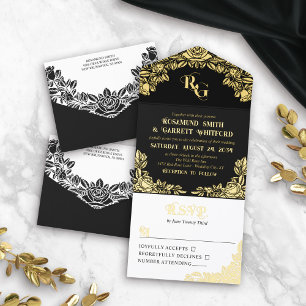 Monogramm der eleganten Black-Gold-Foil-Rose All-in-One-Einladung