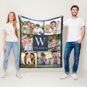 Monogramm der Familie 6 Foto Collage Blue Fleecedecke