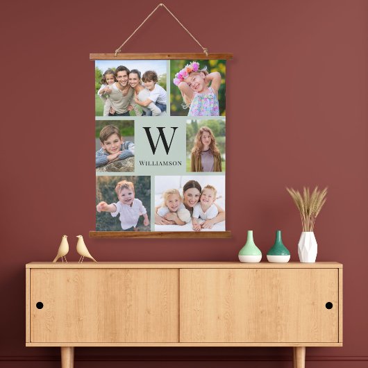Monogramm der Familie 6 Foto Collage Sage Green Wandteppich Mit Holzrahmen