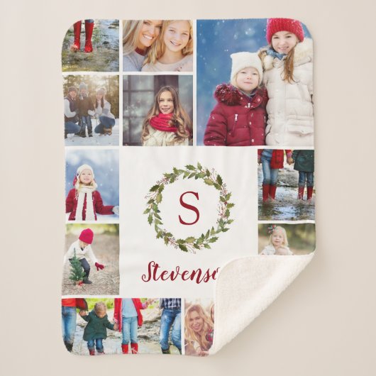 Monogramm der Familie Holiday Greenery Wreath 12 F Sherpadecke (Vorderseite)