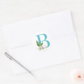 Monogramm der floralen Rose mit aquamarinem Buchst Runder Aufkleber (Umschlag)