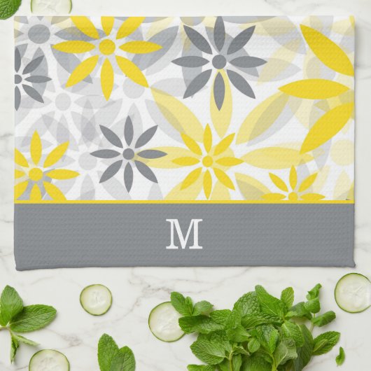 Monogramm der gelben grauen Blume Geschirrtuch (Gefaltet)