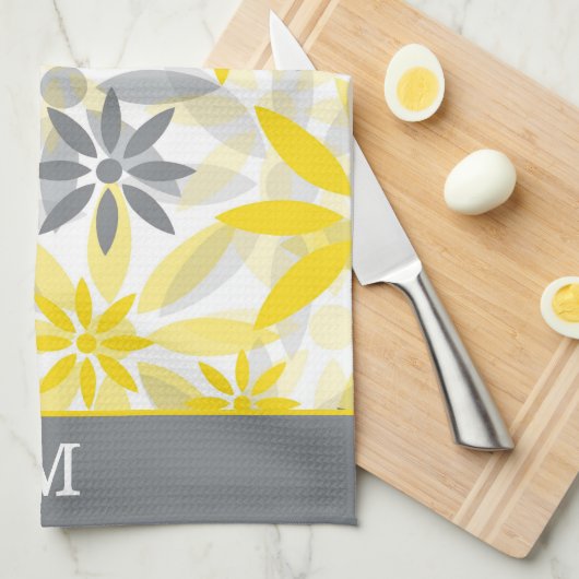 Monogramm der gelben grauen Blume Geschirrtuch (Viertel Falte)