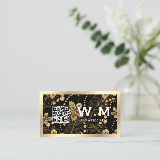 Monogramm der Gold-Blume | QR CODE Visitenkarte (Stehend Vorderseite)