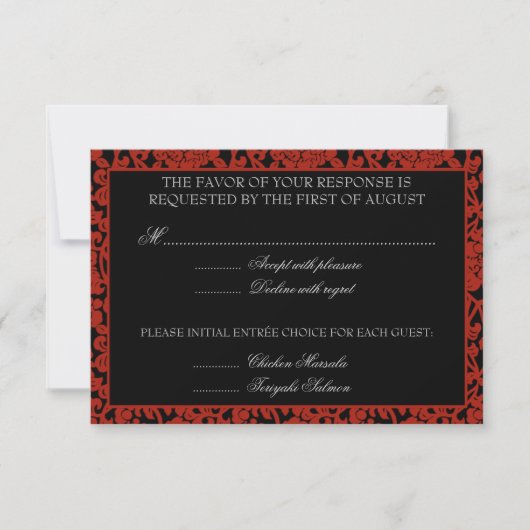 Monogramm der gotischen Blütenrot-schwarzen Damask RSVP Karte (Vorderseite)