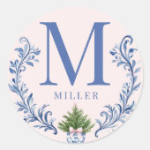 Monogramm der grandmillennialen Pink und Blue Dama Runder Aufkleber (Vorderseite)