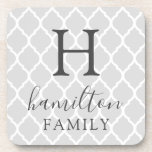 Monogramm der grauen marokkanischen Musterfamilie Getränkeuntersetzer<br><div class="desc">Ein einzigartiges Geschenk nach Maß, das mit Ihrem Familiennamen Monogramm oder anderen benutzerdefinierten Text personalisiert ist. Dieses schicke Design hat ein modernes marokkanisches Fadenkreuz-Muster in neutralen hellgrauen und weißen Farben mit dunkelkohlegrauem Text, der oben überragt ist. Verwenden Sie die Entwurfswerkzeuge, um eine beliebige Hintergrundfarbe auszuwählen und die Schriftart zu bearbeiten....</div>