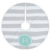 Monogramm der grauen und Aqua Preppy Stripes Polyester Weihnachtsbaumdecke (Vorderseite)