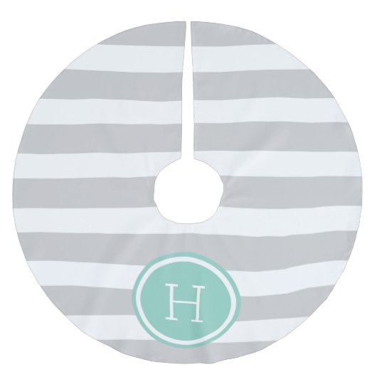 Monogramm der grauen und Aqua Preppy Stripes Polyester Weihnachtsbaumdecke (Vorderseite)