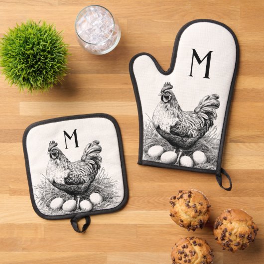 Monogramm der Hühnereier Ofenhandschuh & Topflappen-Set (Oben Unten)