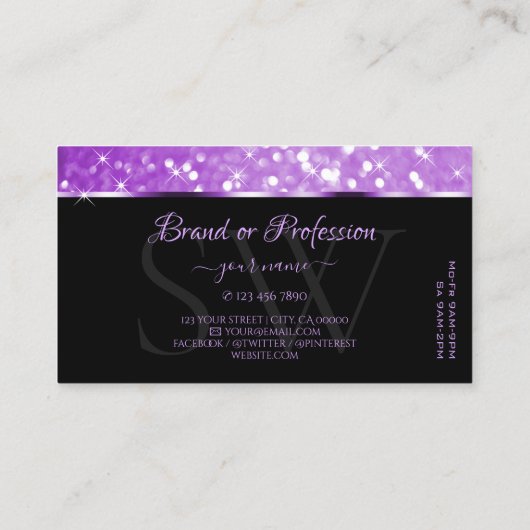 Monogramm der Lila Glitzer-Zargenstars Visitenkarte (Rückseite)