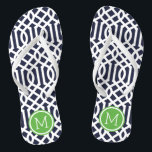 Monogramm der Marine und der grünen Trellis Badesandalen<br><div class="desc">Maßgeschneiderte,  bedruckte Flop-Sandalen mit einem stilvollen,  modernen Trellis-Muster und einem eigenen Monogramm oder einem anderen Text in einem Kreisrahmen. Klicken Sie auf Anpassen,  um Schriftart und Farben zu ändern oder eigene Bilder hinzuzufügen,  um ein einzigartiges Design zu erstellen!</div>