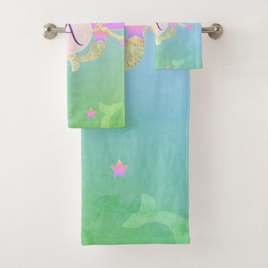 Monogramm der Meerjungfrau Rosa und Türkis Badhandtuch Set (Insitu)