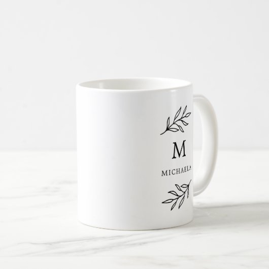 Monogramm der minimalen botanischen Blätter Schwar Kaffeetasse (VorderseiteRechts)