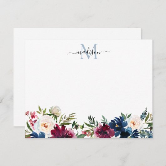 Monogramm der modernen Bläsernavy-Burgund-Rote Ros Mitteilungskarte (Vorne/Hinten)