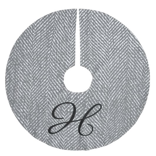 Monogramm der modernen grauen Herringbone- und sch Polyester Weihnachtsbaumdecke (Vorderseite)