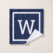 Monogramm der modernen Navy Blue Square-Grenze Badhandtuch Set (Waschlappen)
