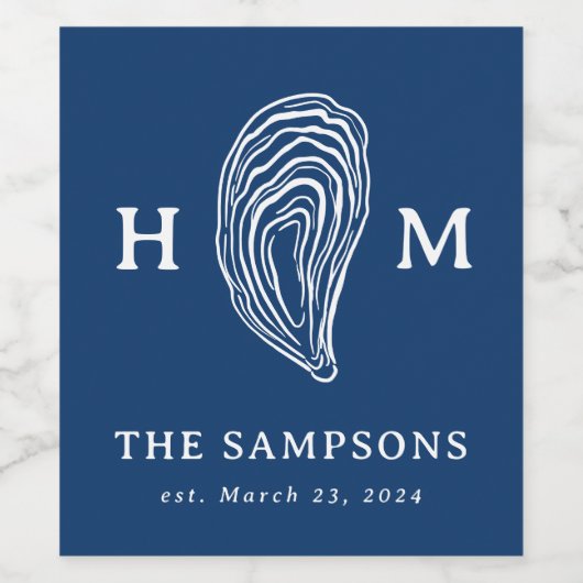 Monogramm der Nautic Oyster-Muschel mit Hochzeitda Weinetikett (Einzelnes Label)