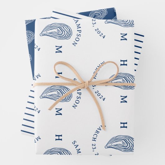 Monogramm der Nautic Oyster-Muschel mit Name Date Geschenkpapier Set (Beispiel)