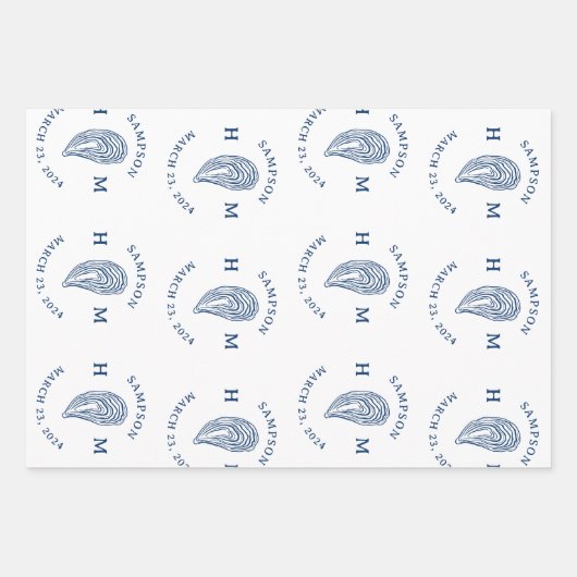 Monogramm der Nautic Oyster-Muschel mit Name Date Geschenkpapier Set (Vorderseite)