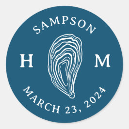 Monogramm der Nautic Oyster-Muschel mit Name Date Runder Aufkleber