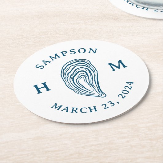Monogramm der Nautic Oyster-Muschel mit Name Date Runder Pappuntersetzer (Angewinkelt)