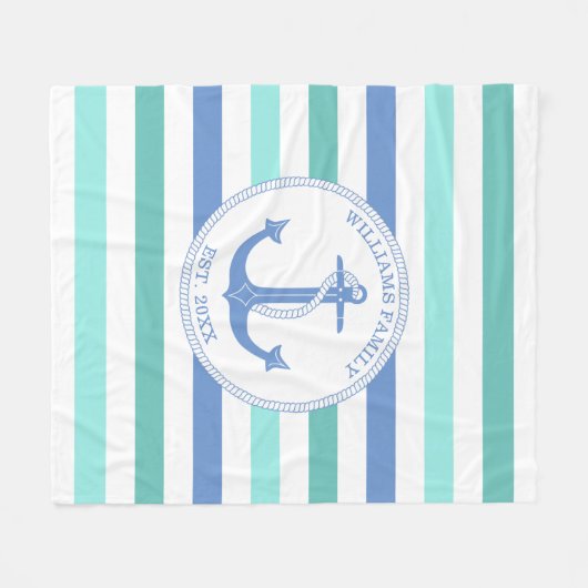 Monogramm der Nautical Anchor Blue Aqua Stripe Fleecedecke (Vorderseite (Horizontal))