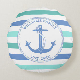 Monogramm der Nautical Anchor Blue Strip-Familie Rundes Kissen