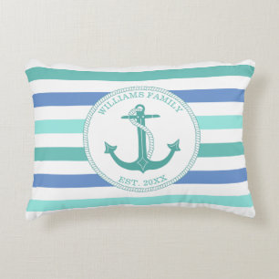 Monogramm der Nautical Anchor Seafoam Stripe-Famil Dekokissen