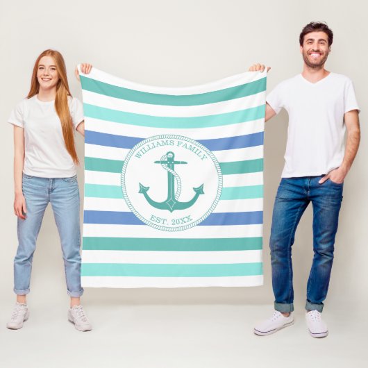 Monogramm der Nautical Anchor Seafoam Stripe-Famil Fleecedecke (Beispiel)
