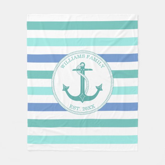 Monogramm der Nautical Anchor Seafoam Stripe-Famil Fleecedecke (Vorderseite)