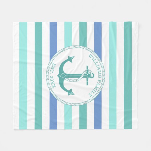 Monogramm der Nautical Anchor Seafoam Stripe-Famil Fleecedecke (Vorderseite (Horizontal))