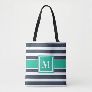 Monogramm der Navy Blau und Weiß Streifen Tasche