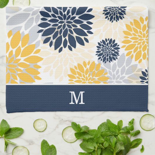 Monogramm der Navy Blue Gold Blume Geschirrtuch (Gefaltet)