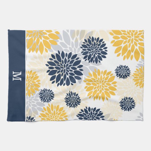 Monogramm der Navy Blue Gold Blume Geschirrtuch (Horizontal)