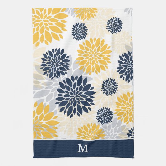 Monogramm der Navy Blue Gold Blume Geschirrtuch (Vertikal)