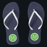 Monogramm der Navy und der grünen Tiny Dots Badesandalen<br><div class="desc">Maßgeschneiderte gedreht Flop Sandalen mit einem niedlichen gürtelförmigen Polka-Punktmuster und einem eigenen Monogramm oder einem anderen Text in einem Kreisrahmen. Klicken Sie auf Anpassen,  um Schriftart und Farben zu ändern oder eigene Bilder hinzuzufügen,  um ein einzigartiges Design zu erstellen!</div>