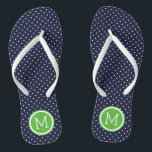 Monogramm der Navy und der grünen Tiny Dots Badesandalen<br><div class="desc">Maßgeschneiderte gedreht Flop Sandalen mit einem niedlichen gürtelförmigen Polka-Punktmuster und einem eigenen Monogramm oder einem anderen Text in einem Kreisrahmen. Klicken Sie auf Anpassen,  um Schriftart und Farben zu ändern oder eigene Bilder hinzuzufügen,  um ein einzigartiges Design zu erstellen!</div>