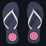 Monogramm der Navy und rosa Tiny Dots Badesandalen<br><div class="desc">Maßgeschneiderte gedreht Flop Sandalen mit einem niedlichen gürtelförmigen Polka-Punktmuster und einem eigenen Monogramm oder einem anderen Text in einem Kreisrahmen. Klicken Sie auf Anpassen,  um Schriftart und Farben zu ändern oder eigene Bilder hinzuzufügen,  um ein einzigartiges Design zu erstellen!</div>