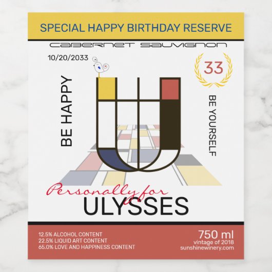 Monogramm der Neoplastik Abstrakt Art. Buchstabe U Weinetikett (Einzelnes Label)