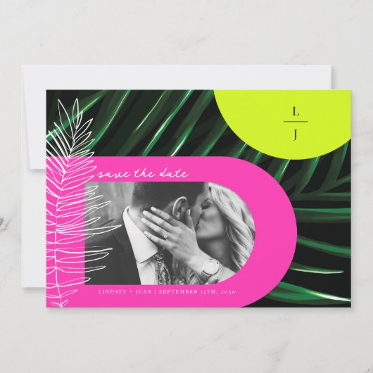 Monogramm der Palm Neon Arches Save the Date (Vorderseite)