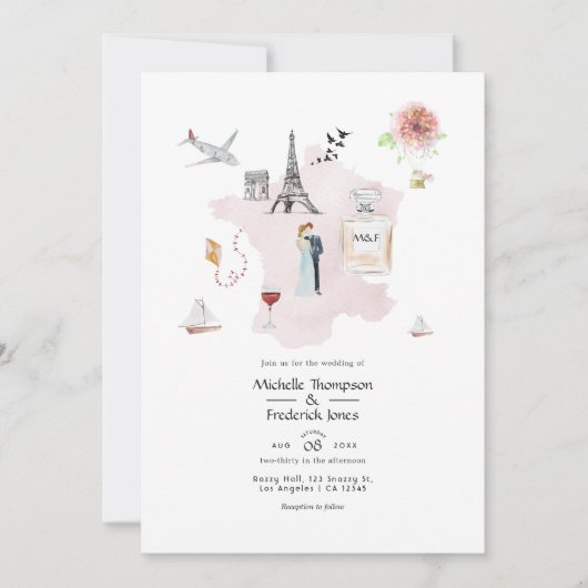 Monogramm der Pariser Hochzeit in Urlaubsort Water Einladung (Vorderseite)