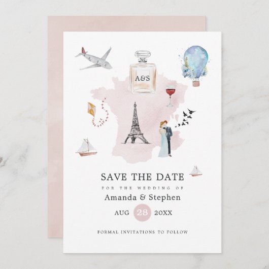 Monogramm der Pariser Hochzeit in Urlaubsort Water Save The Date (Vorne/Hinten)