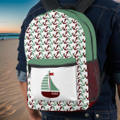 Monogramm der Retro-Dunkelrot-Segelboote-Anker Bedruckter Rucksack