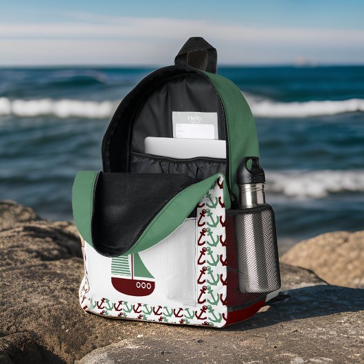 Monogramm der Retro-Dunkelrot-Segelboote-Anker Bedruckter Rucksack